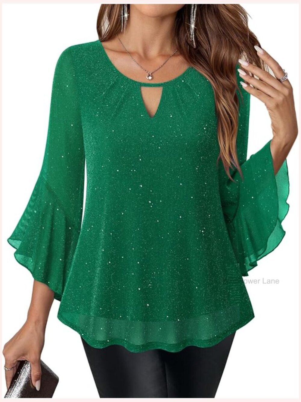 Sparkly Ruffle 3/4 Bell Sleeve Blouse with Keyhole Detail